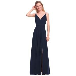 Bill Levkoff Chiffon V-Neck V-Back A-Line Floor Length Chiffon Navy Dress Size 2